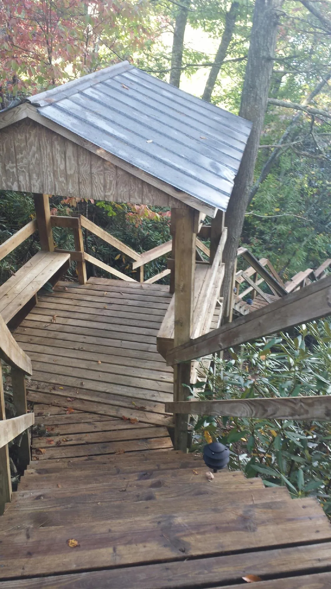 Metal roofed shelter over wooden steps on a wooded walkway — Skylight Repair & Installation work by our crew in Farmersville